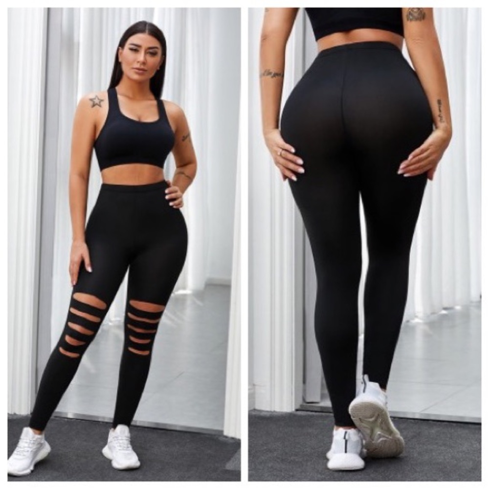 Black Hollow Out High Waist Leggings
